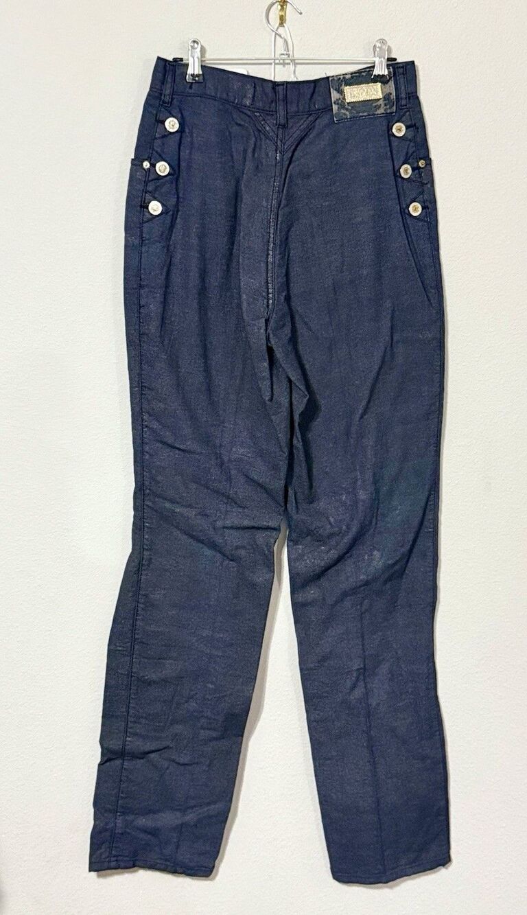 Vtg Lawman High Rise Sailor Jeans Size 9 Gold Coated Dark Blue Side Button Denim